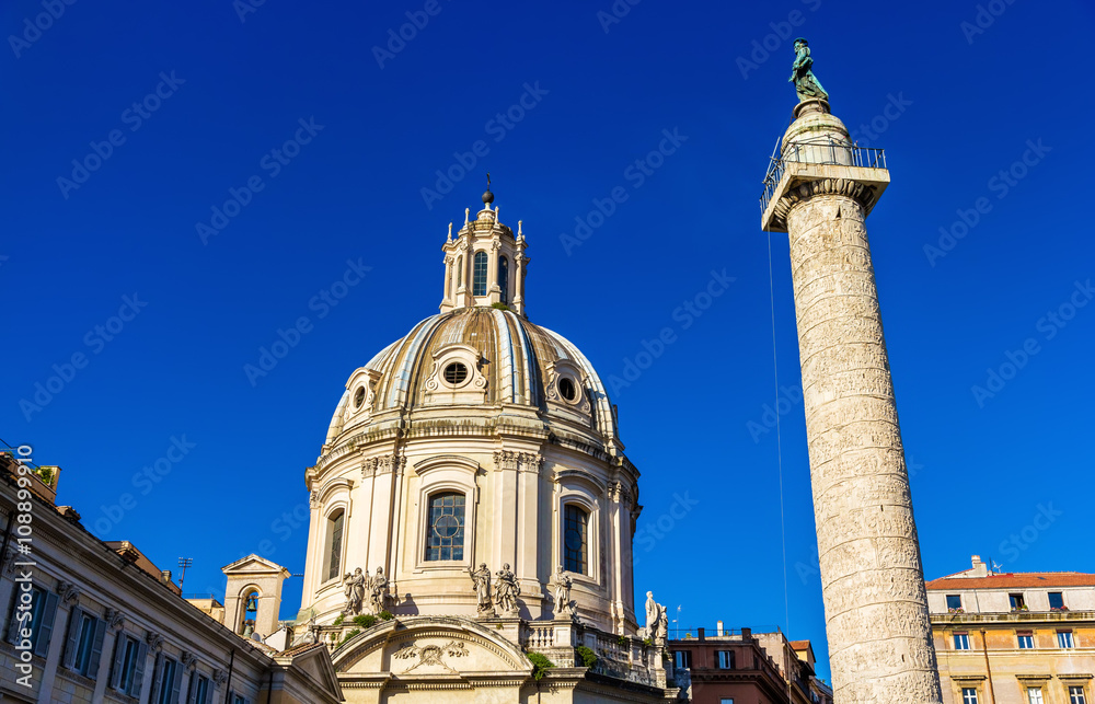 Trajan's Column and Santissimo Nome di Maria al Foro Traiano Church in Rome