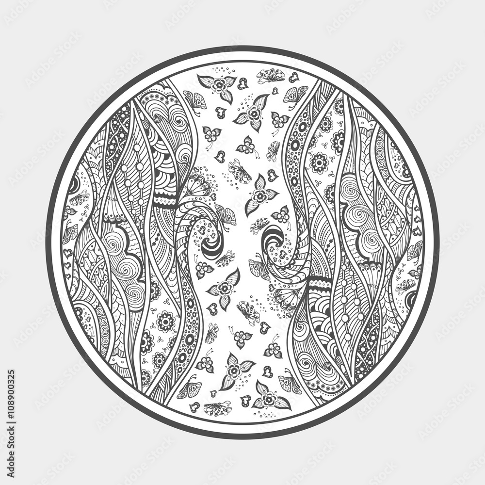 Zen-doodle or Zen-tangle texture or pattern  black on white in circle