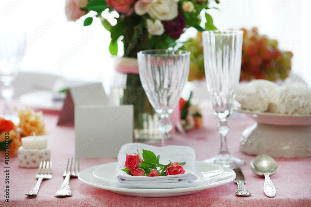 Beautiful served table for wedding or other celebration in restaurant Beautiful served table for wedding or other celebration in restaurant