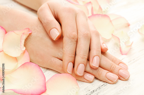Woman hands with beautiful rose  petals on wooden background  close up