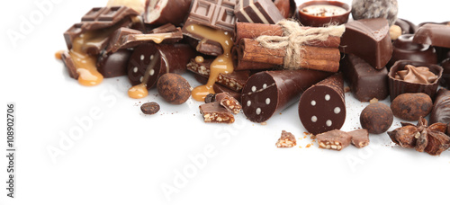 Assorted chocolate candies, isolated on white