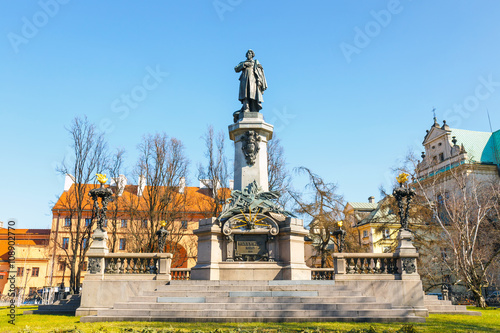 Adam Mickiewicz monument at Krakowskie Przedmiescie Street in Warsaw, Poland