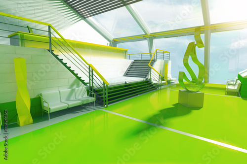 Sideview of futuristic gree interior with stairs, panoramic windows and abstract fire art piece in the middle. 3D Rendering