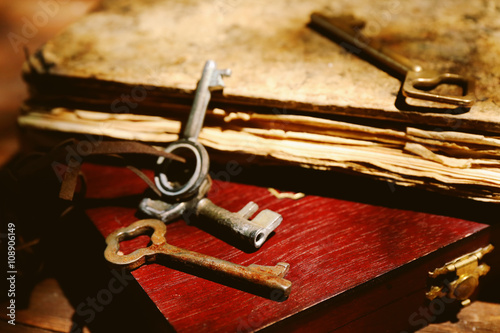 Keys with old book and box, close up