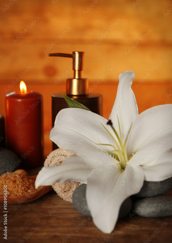 Beautiful spa composition on wooden wall background Beautiful spa composition on wooden wall background