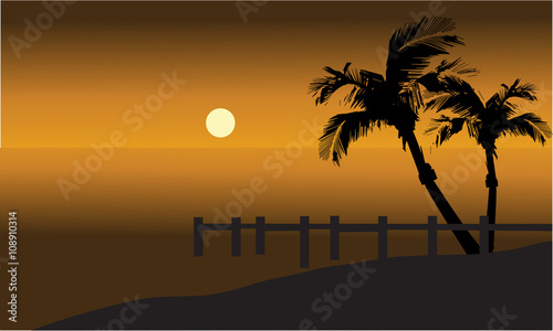 Palm trees on beach and pier silhouette