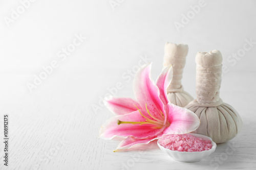 Beautiful spa composition on wooden table