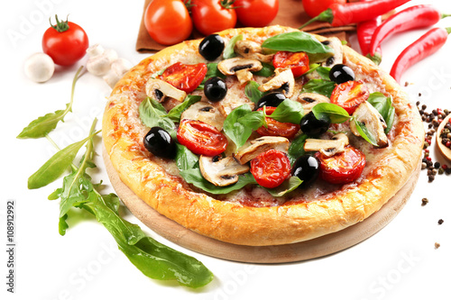 Delicious tasty pizza with vegetables on light background