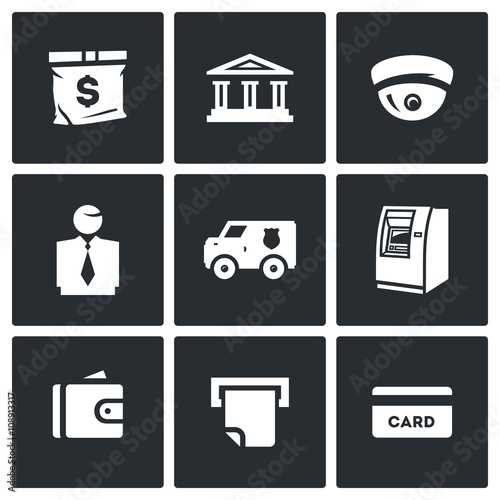 Vector Set of Banking services Icons. Money Bag, Bank Building, CCTV, Banker, Collector Car, ATM, Wallet, Check, Card.