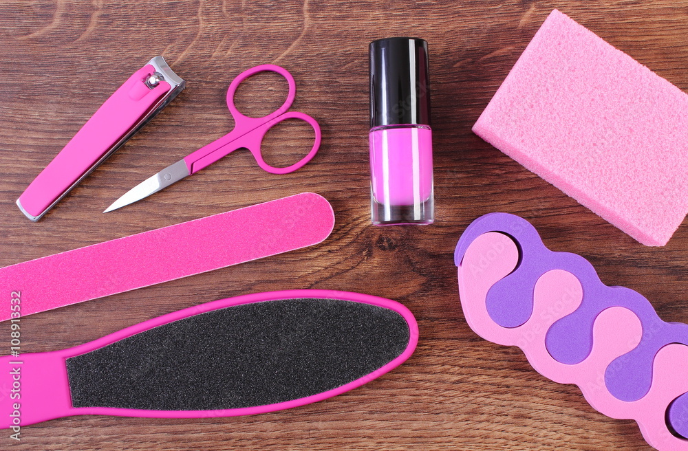 Naklejka premium Cosmetics and accessories for manicure or pedicure, concept of foot, hand and nail care
