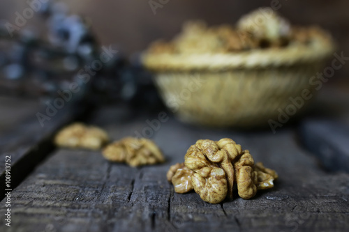 peeled walnut on a wooden background