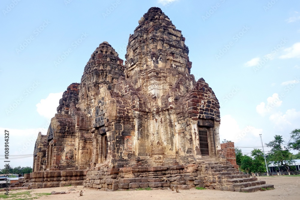 Phra Prang Sam Yod ,Lopburi, Thailand. The compound comprises three prangs linked to one another. It was made of laterite and decorated with beautiful stucco relief, Bayon style of Khmer art.