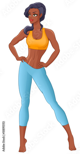 Beautiful black woman fitness model with perfect body posing. Vector illustration isolated on white background.
