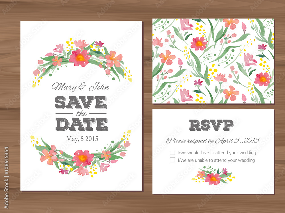 Wedding set with watercolor flowers and typographic elements. 