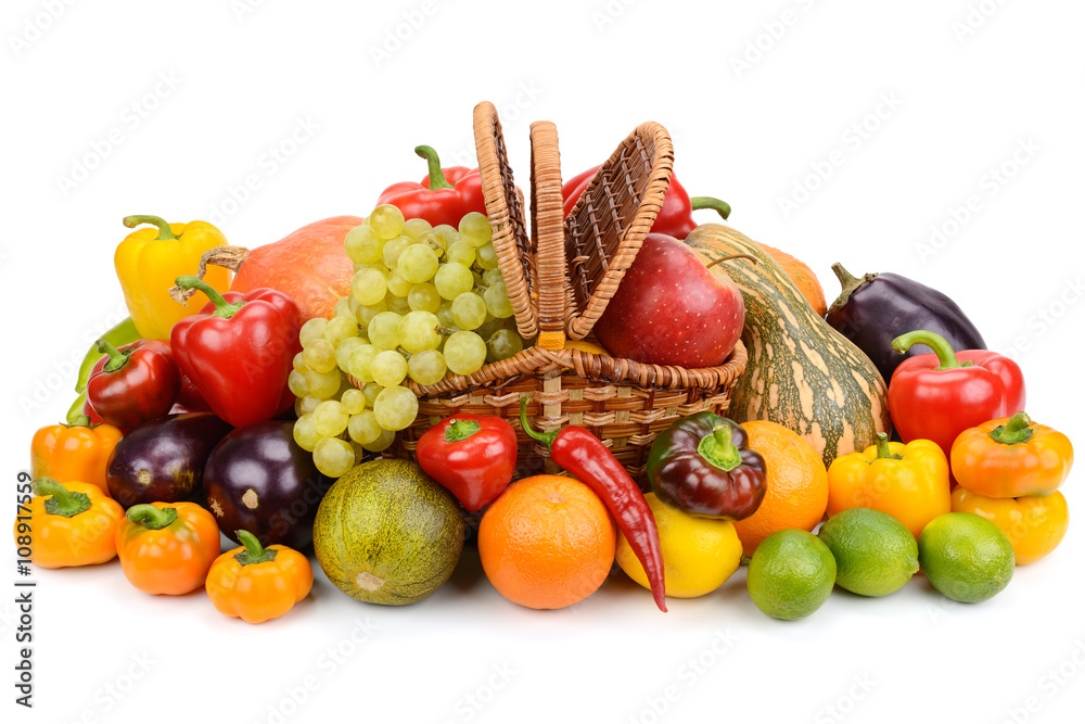Fototapeta premium vegetables and fruits in a basket isolated on white background