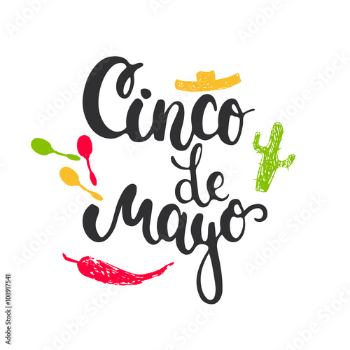 Cinco de Mayo mexican greeting card. Vector illustration with hand drawn sketch jalapeno, cactus, sombrero and maracas.