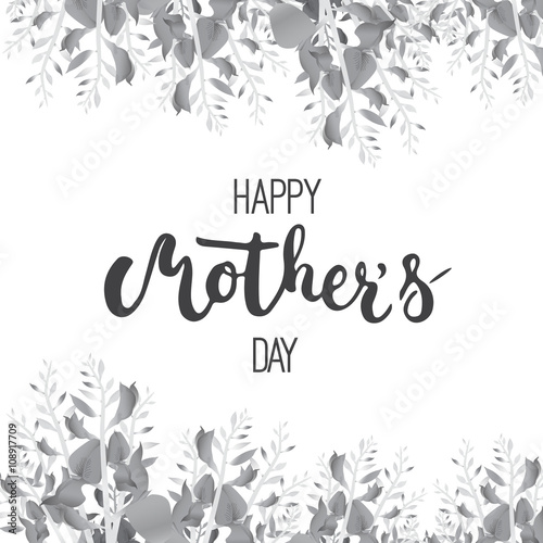 Happy Mother's day greeting card with calligraphy and flowers isolated on the white background. Vector monochrome illustration for Mothers Day invitations. Mom's day lettering.