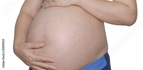 Pregnant woman with hands isolate on white background