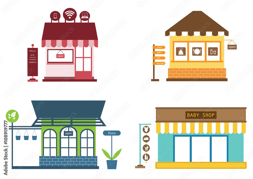 Stores and shops icons set with clothes store