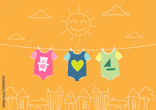 baby clothing on clothespin on morning,Vector illustrations