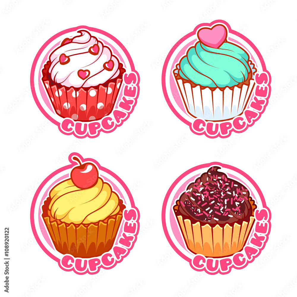 Set of four stickers with different cupcakes. Set of four stickers with different cupcakes.