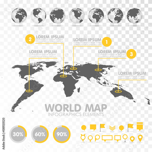 Fototapeta Naklejka Na Ścianę i Meble -  World map 3D with set of infographics elements. 