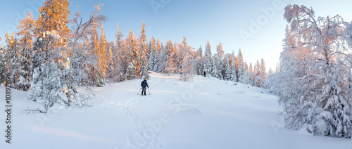 Winter panoranic landscape. Tourist in snowshoeing in jacket sta photo