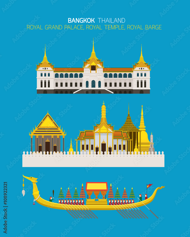 Fototapeta premium Thailand Royal Place Objects Set, Royal Grand Palace, Royal Temple, Royal Barge