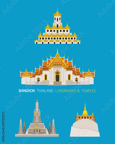 Thailand Temples Landmarks Objects Set, Wat Arun or Temple of Dawn, Wat Benchamabophit, Golden Mount, Loha Prasat or Metal Castle