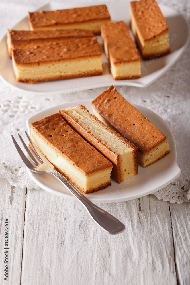 sliced Japanese Castella cake closeup on the table. Vertical
sliced Japanese Castella cake closeup on the table. Vertical