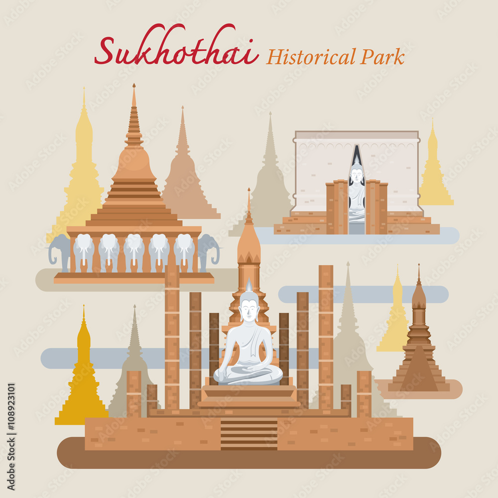 Naklejka premium Sukhothai, Historical Park, Thailand, World Heritage, Travel, Tourist Attraction