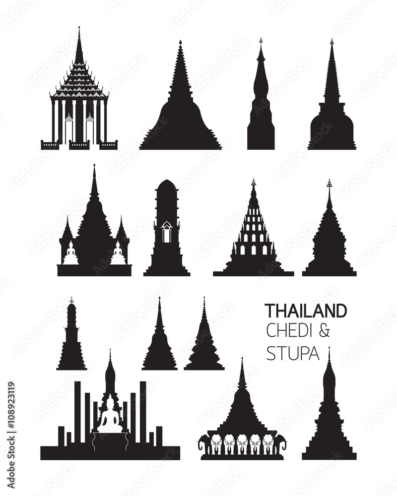 Fototapeta premium Thailand Buddhist Pagodas Objects, Silhouette Set, Major and Important Chedi or Stupa