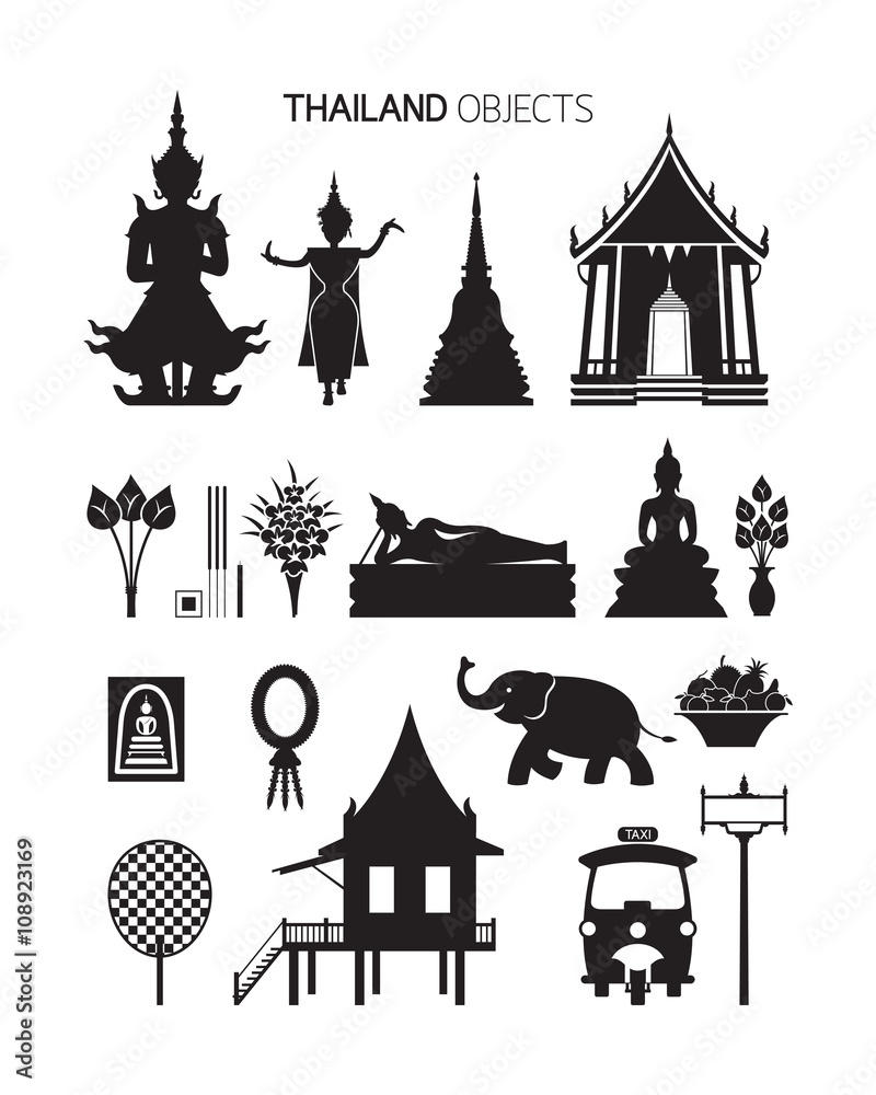 Fototapeta premium Thailand Culture Objects, Silhouette Set, Traditional, Buddhist, Temple, House, Tuk Tuk