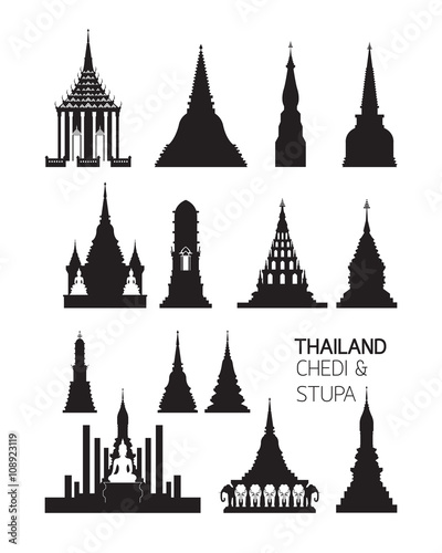 Fotografia Thailand Buddhist Pagodas Objects, Silhouette Set, Major and Important Chedi or