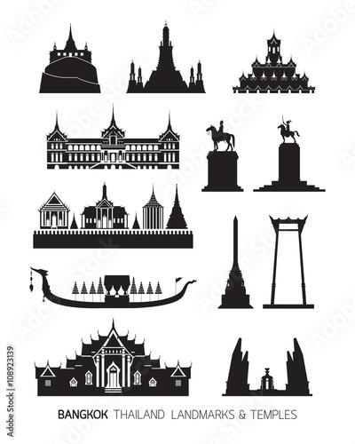 Thailand Landmarks Objects, Silhouette Set, Temples, Palace, Monument, Statues