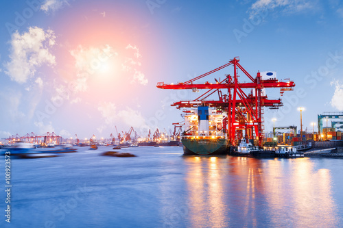 Canvas Print Industrial container freight Trade Port scene at sunset
