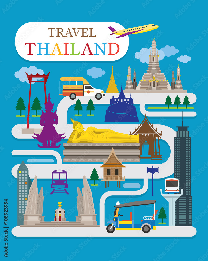 Naklejka premium Travel Thailand Flat Design Vector, Landmarks, Temple, Tuk Tuk, Map