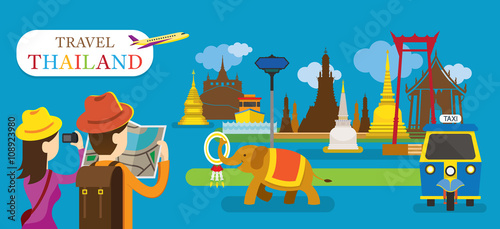 Tourist Travel Thailand Flat Design Vector, Landmarks, Temple, Elephant, Tuk Tuk