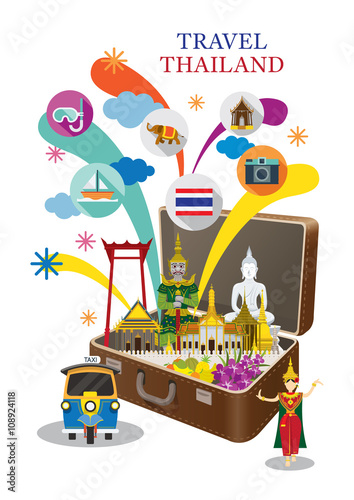 Suitcase with Thailand Landmark and Icons, Travel Attraction, Welcome and Greeting