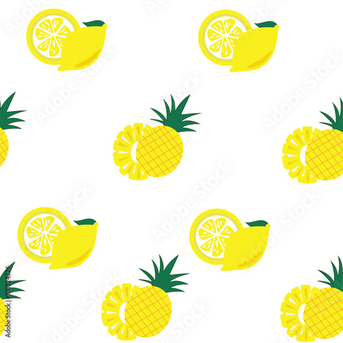 Fototapeta Naklejka Na Ścianę i Meble -  Pineapple and Lemon  with slices on white background seamless