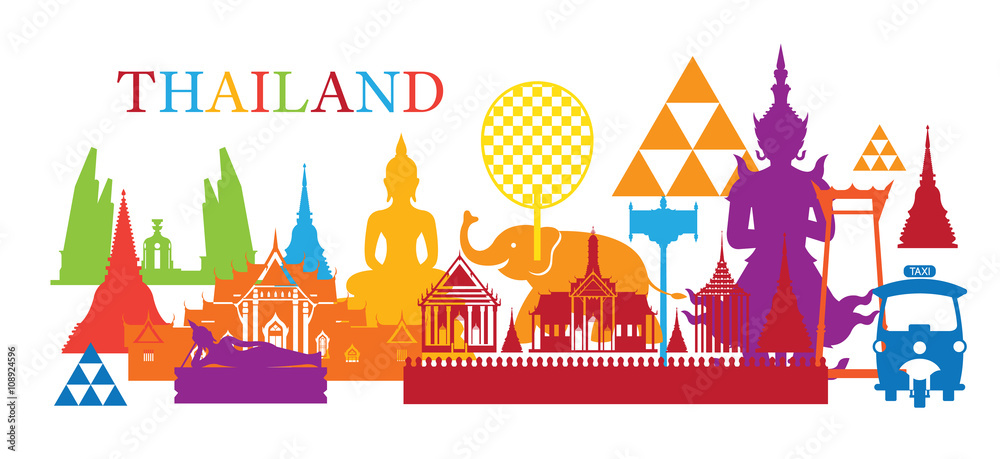Naklejka premium Thailand Landmark Colorful Shapes, Travel Attraction, Traditional Culture