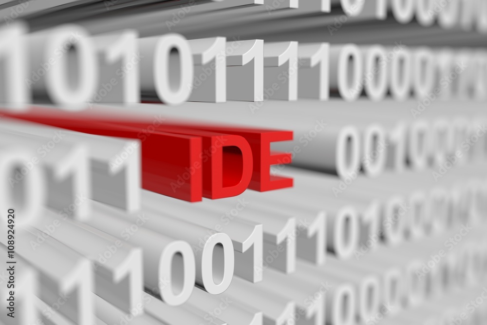 IDE in binary code with blurred background 3D illustration
