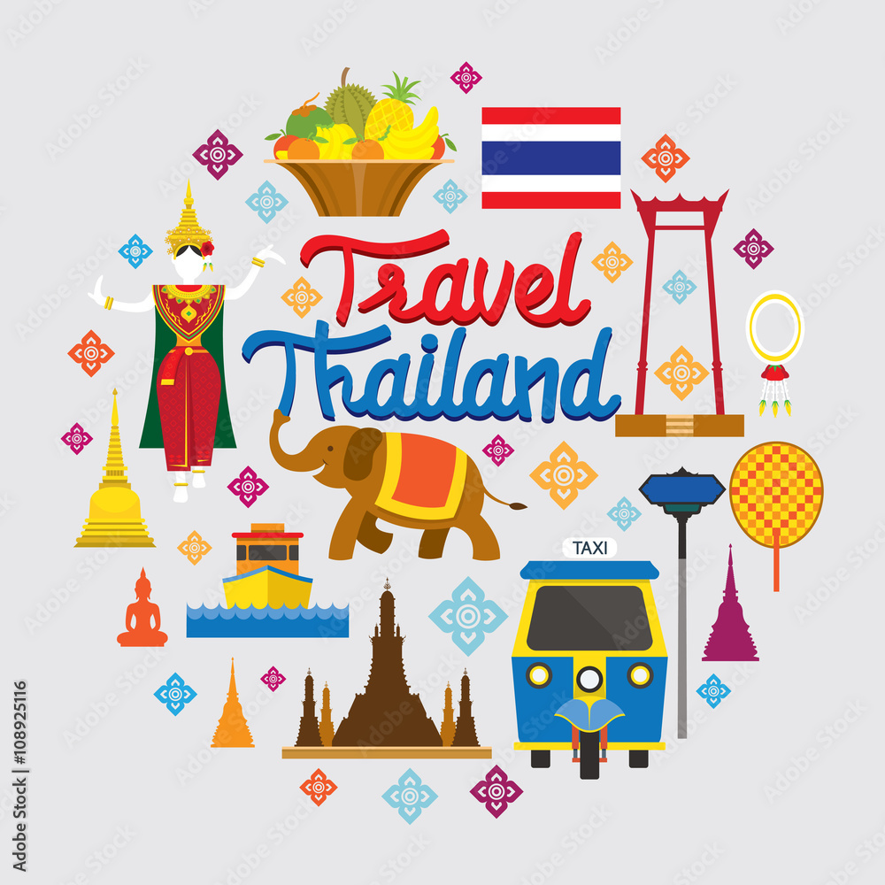 Obraz premium Thailand Landmark Objects Icons Label, Design Elements, Travel Attraction