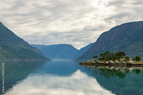 Rocky and pine island at fjord