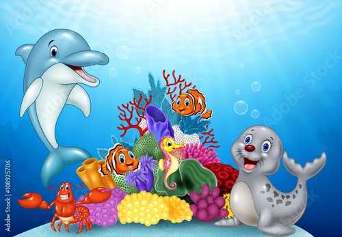 Cartoon tropical fish with Beautiful Underwater World