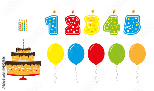 Collection of birthday party cartoon elements / candles, balloons, birthday cake