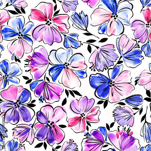 seamless artistic hand drawn flower pattern  graphical  colorful  bright fantasy floral background allover print on white with black outlines