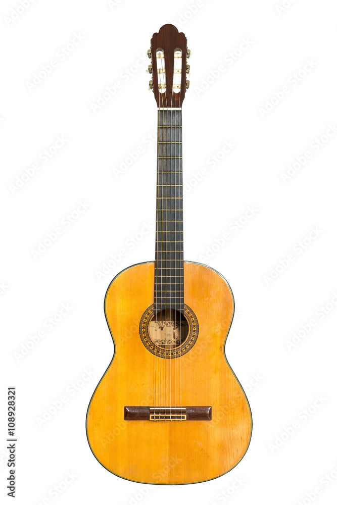 Classic guitar isolated on white background.