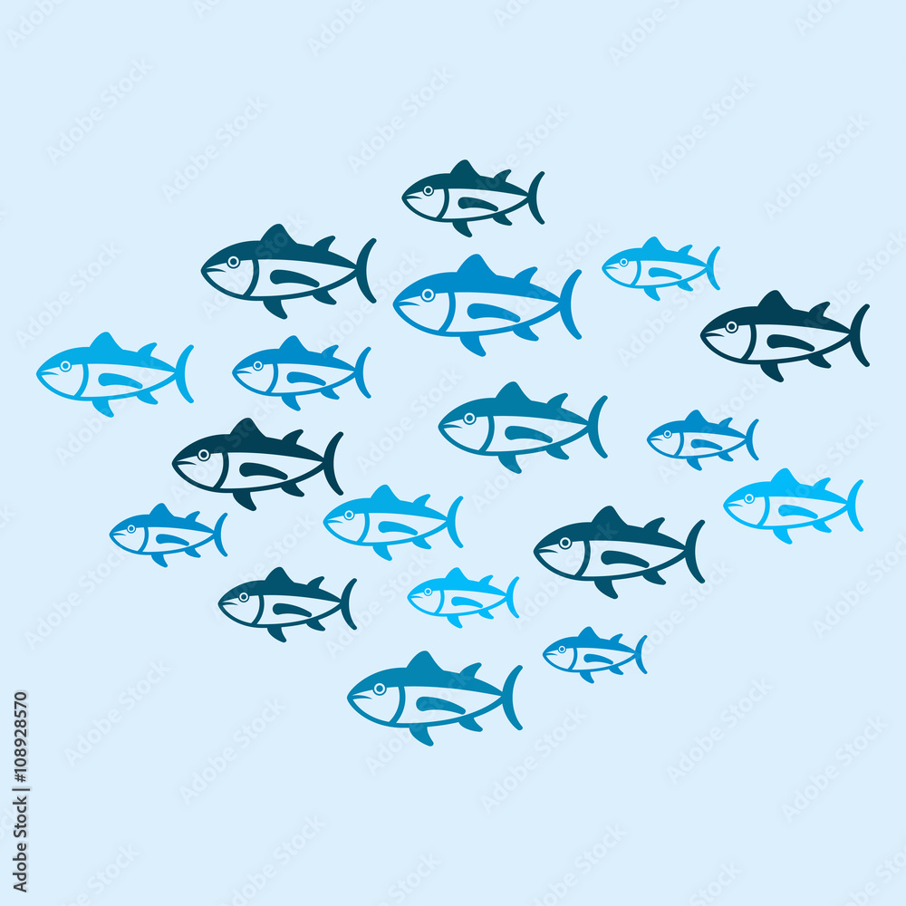 Icono plano cardumen de peces en fondo azul Stock Vector | Adobe Stock