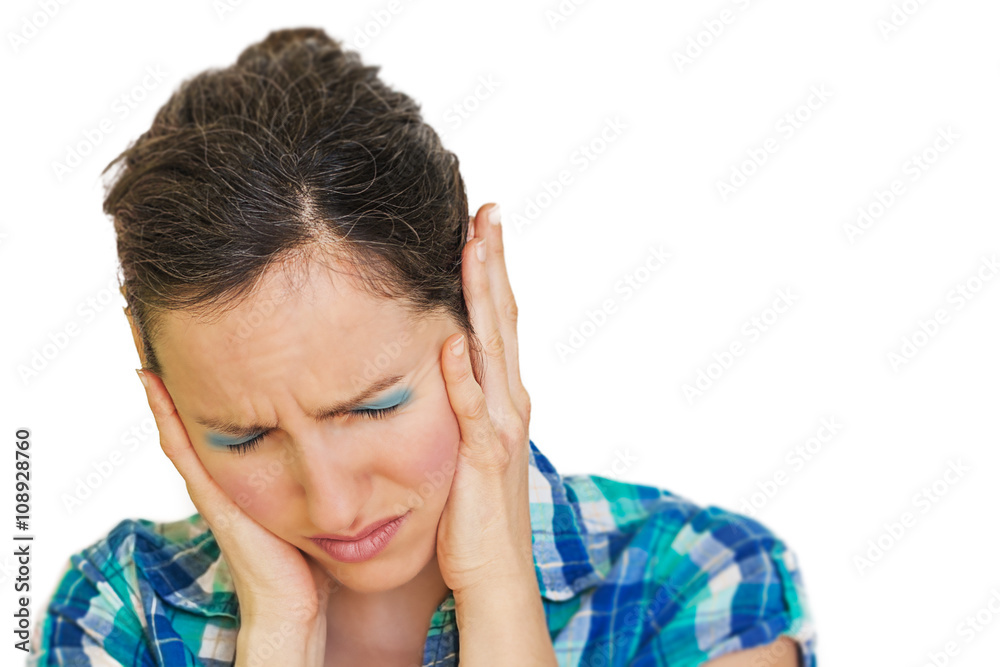 Portrait of a young woman suffering from headache, isolated on white background. Portrait of a young woman suffering from headache, isolated on white background.